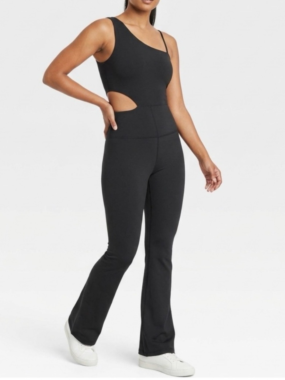 JoyLab Black One-Shoulder Cutout Flare Jumpsuit